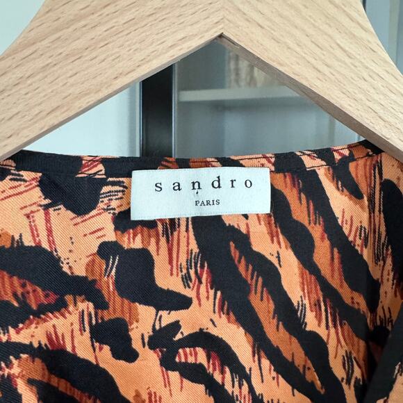 Sandro Lunas Leopard Animal Print Silk Wrap Dress 1 Long Sleeve Belted  Mini - Picture 5 of 6